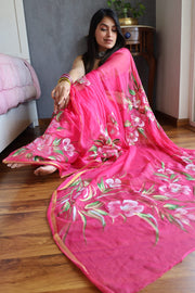 Elegant Hand Painted Chiffon Saree with Zari Border - Perfect for Special Occasions